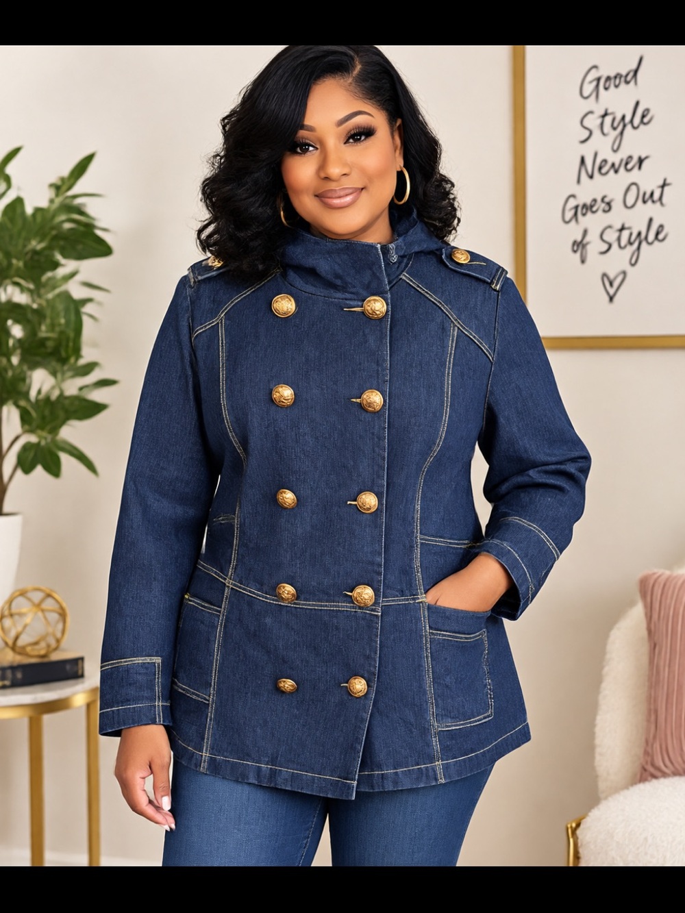Lane Bryant Dark Blue Double-Breasted Denim Peacoat